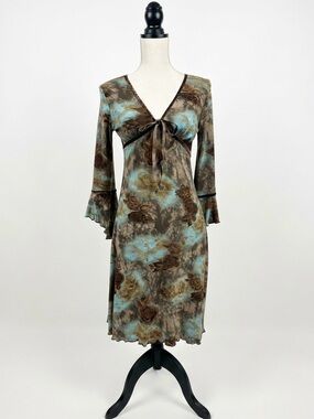 Vintage 90s Y2K Brown Turquoise Velvet Trim Floral Print Dress Whimsigoth Fairy